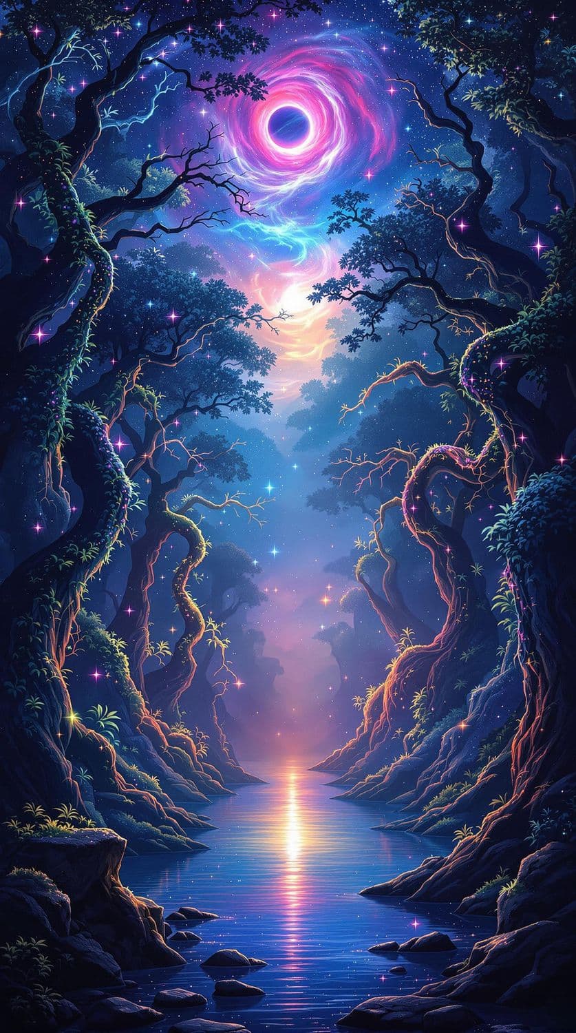 Mystical Forest Under Cosmic Skies