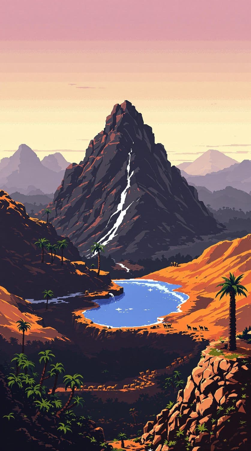 Desert Oasis at Sunset in Pixel Art