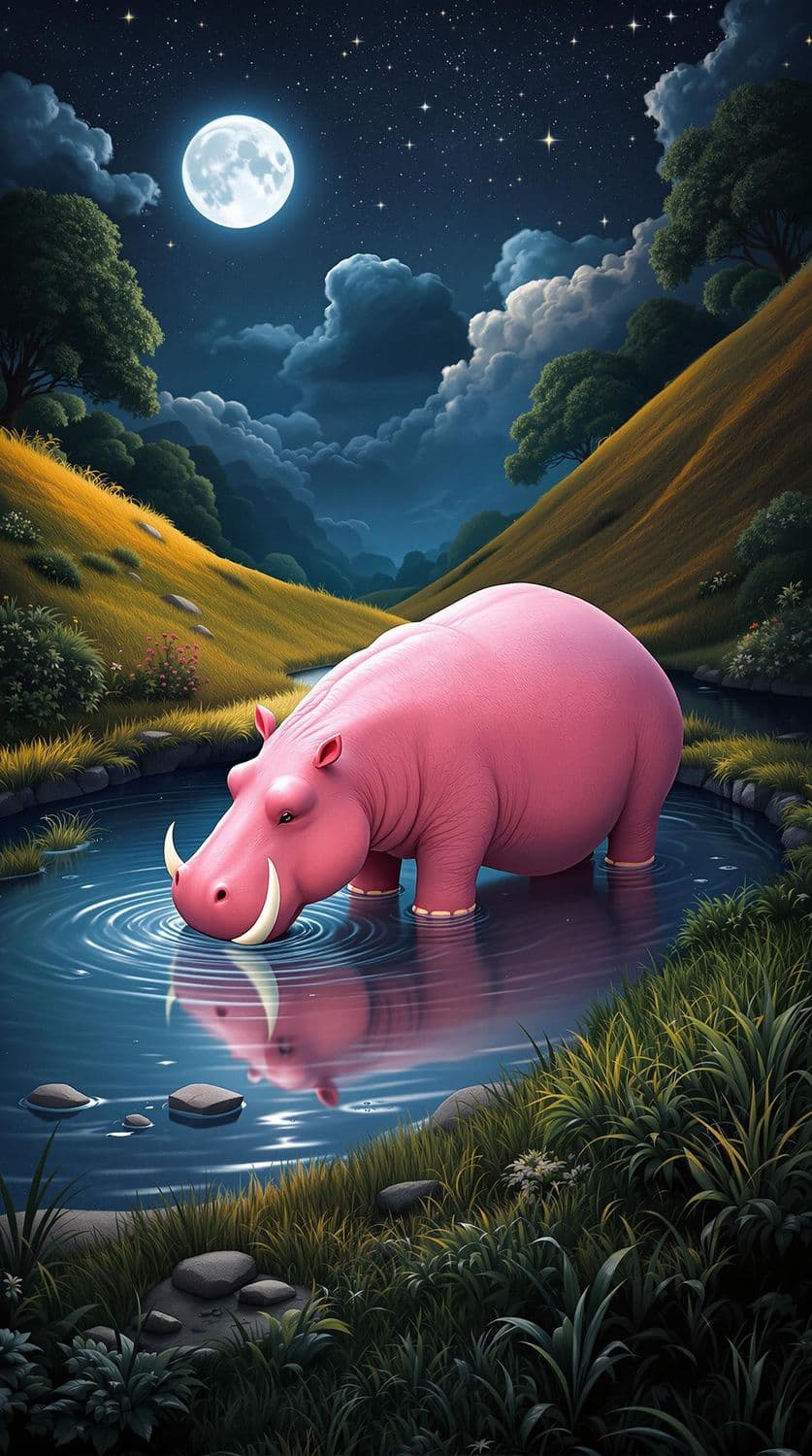 Pink Hippopotamus in Moonlit Pond