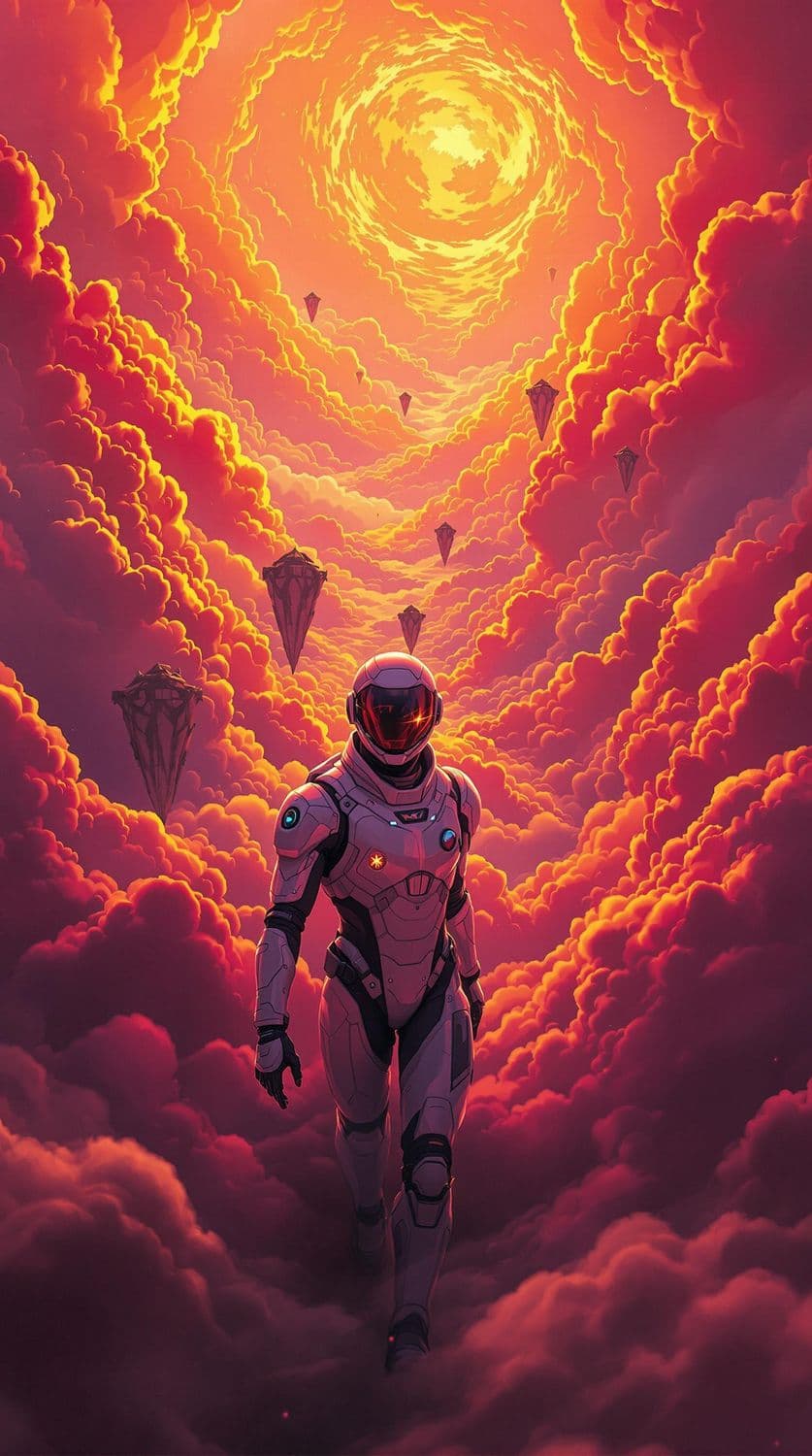 Futuristic Traveler in Fiery Skies