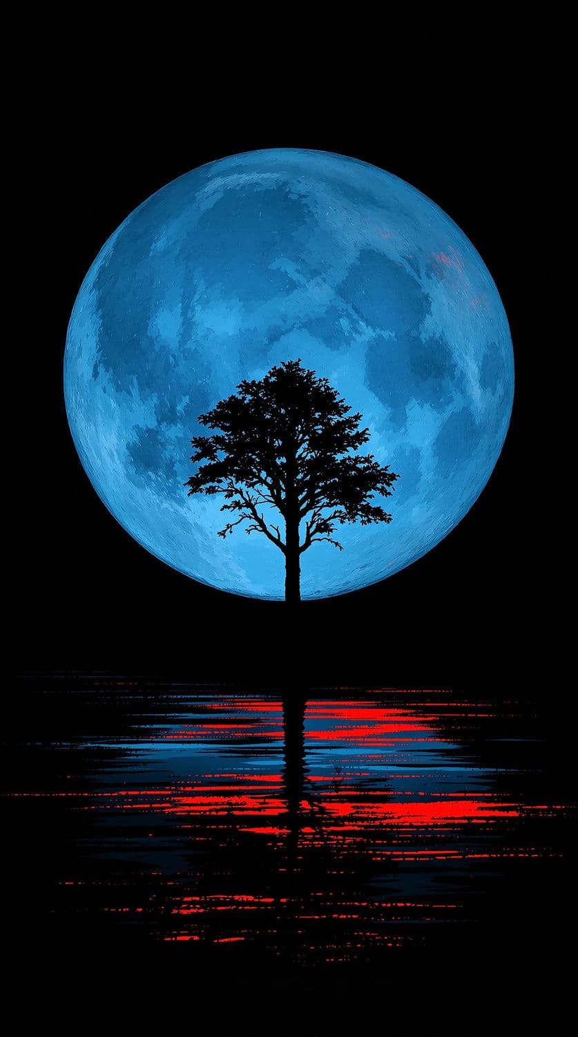Silhouetted Tree Against Blue Moon