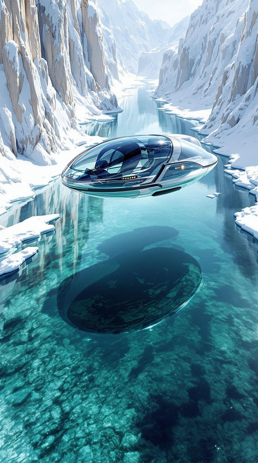Transparent Hover Vehicle Over Icy Canyon