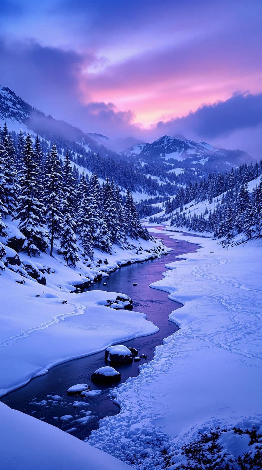 Twilight Over a Snowy Valley