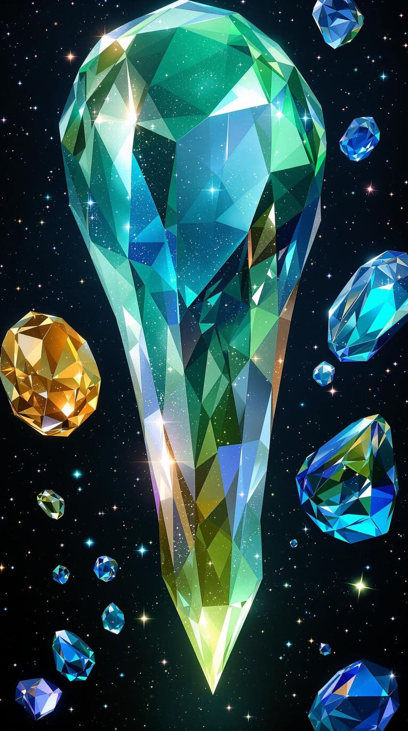 Floating Emerald Gemstones in Cosmic Space