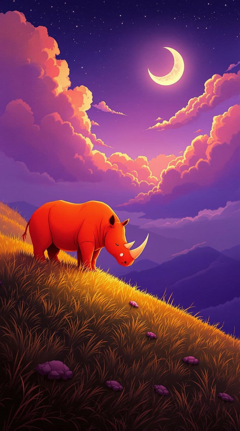Crimson Rhino in a Twilight Meadow