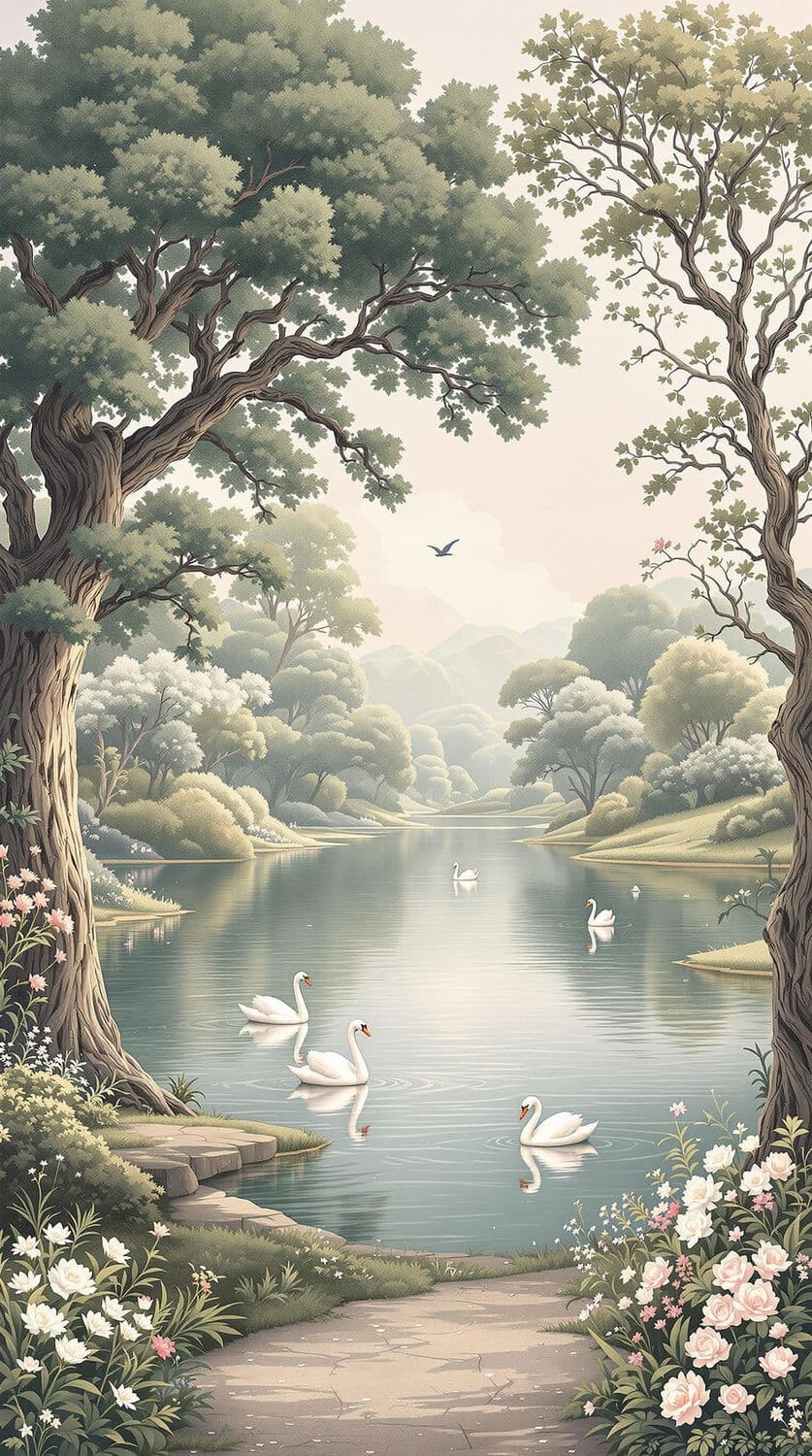 Serene Lakeside with Oak Trees