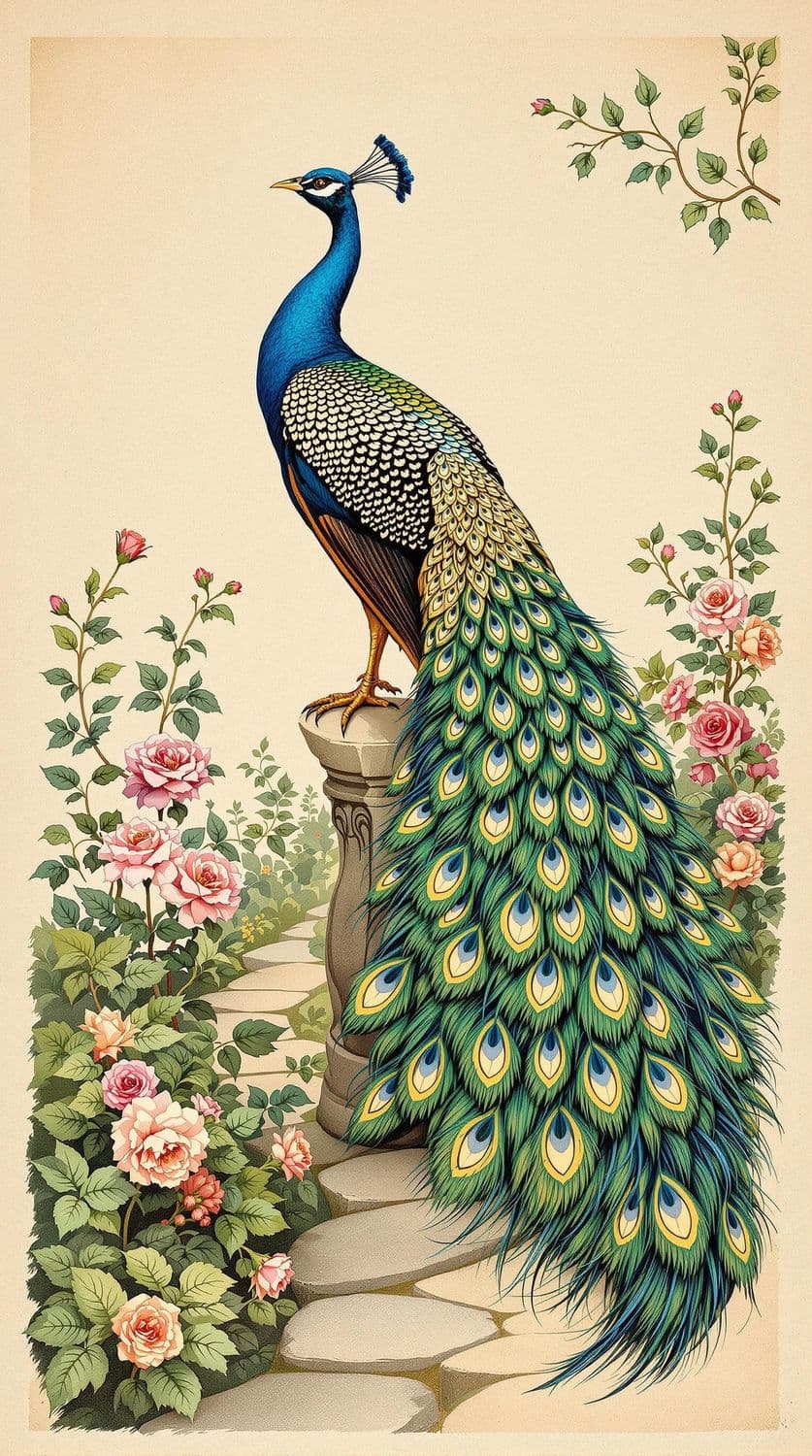 Peacock in Blooming Garden