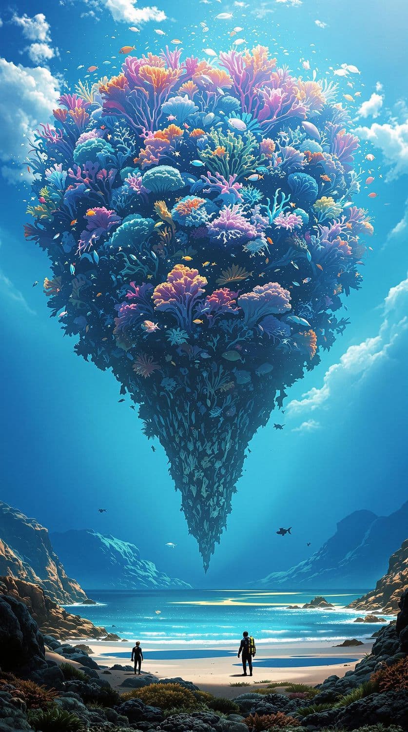 Floating Coral Reef Over the Ocean
