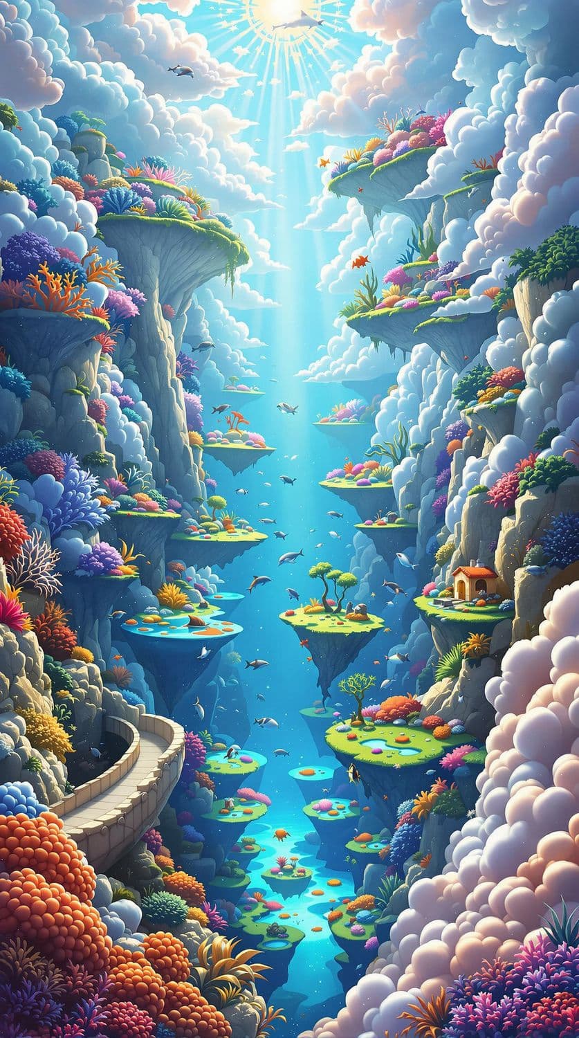 Floating Coral Islands in Cloudy Seas