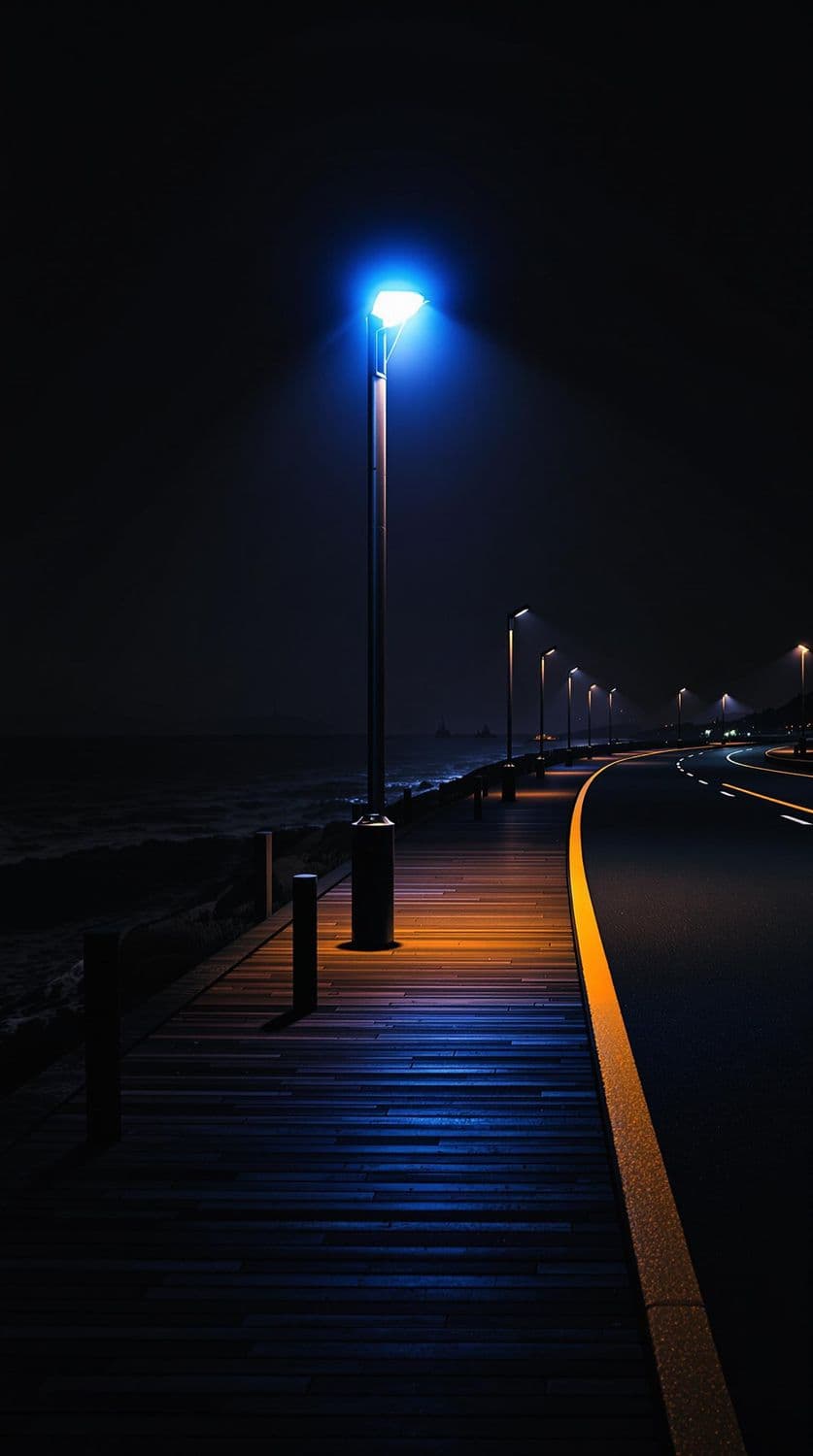 Futuristic Coastal Boardwalk at Night