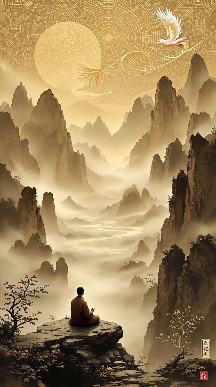Meditative Monk in Mystical Mountains