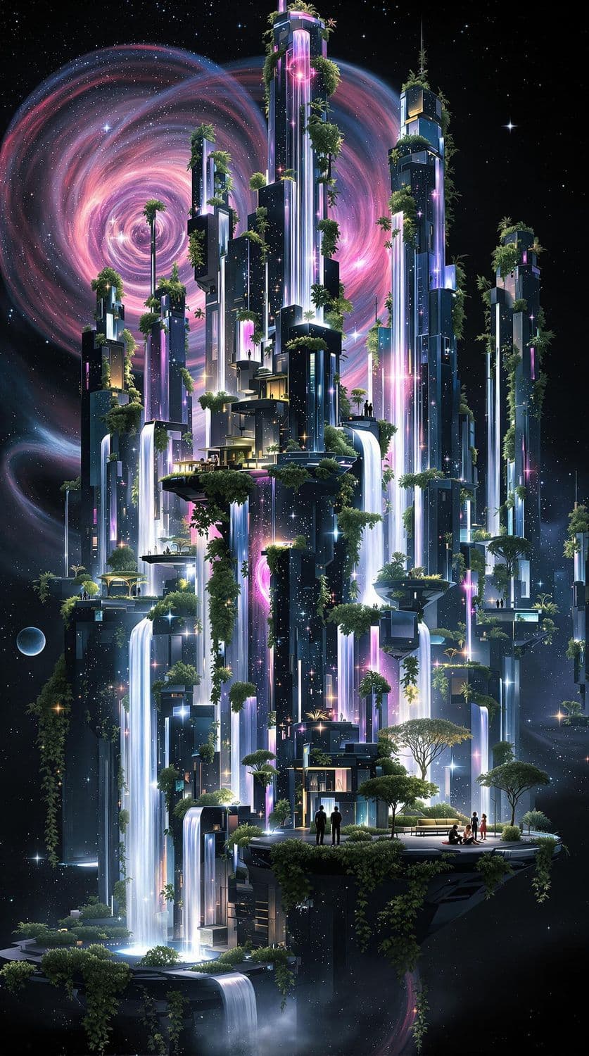 Ethereal Cityscape with Cosmic Backdrop