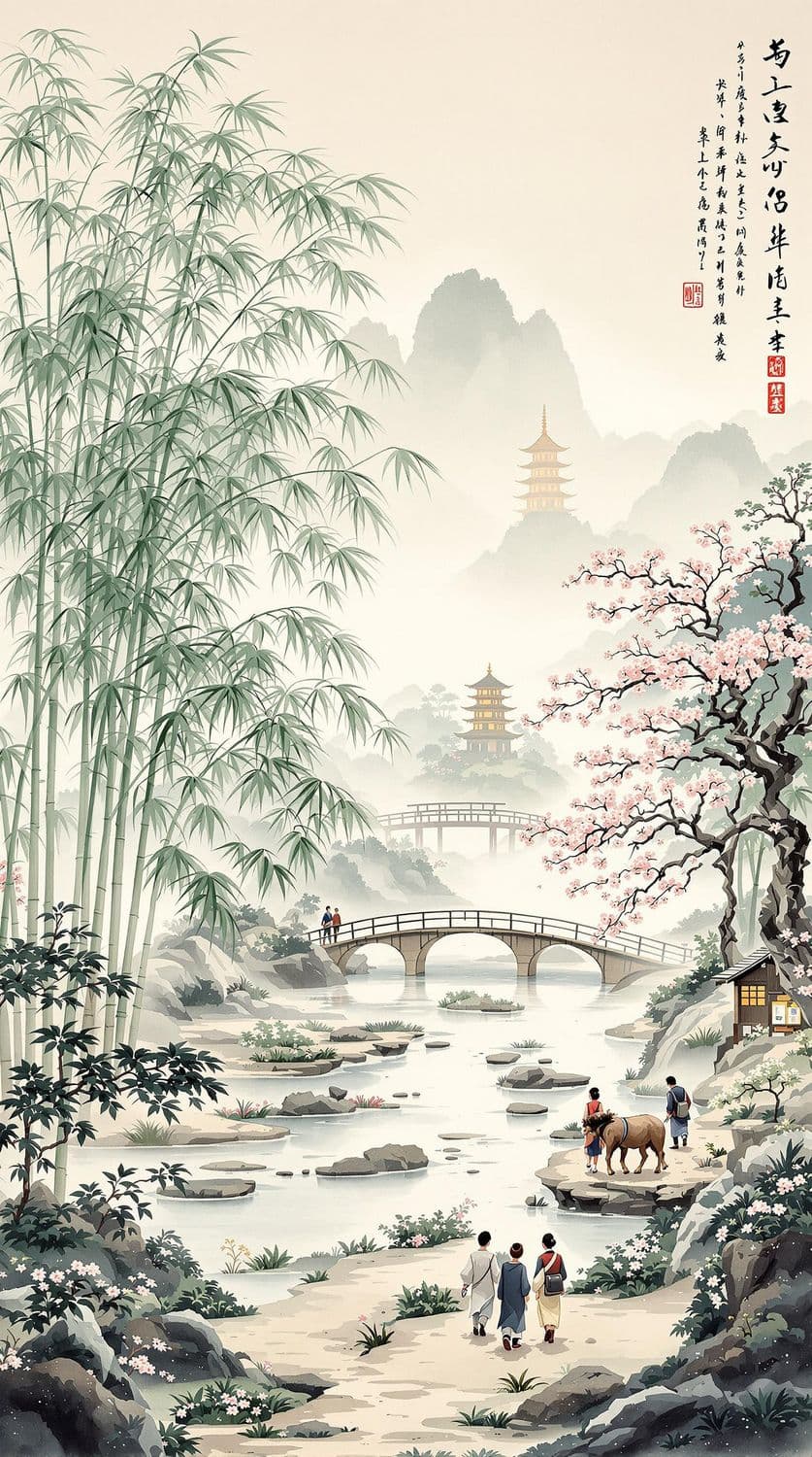 Tranquil Riverside with Bamboo and Cherry Blossoms