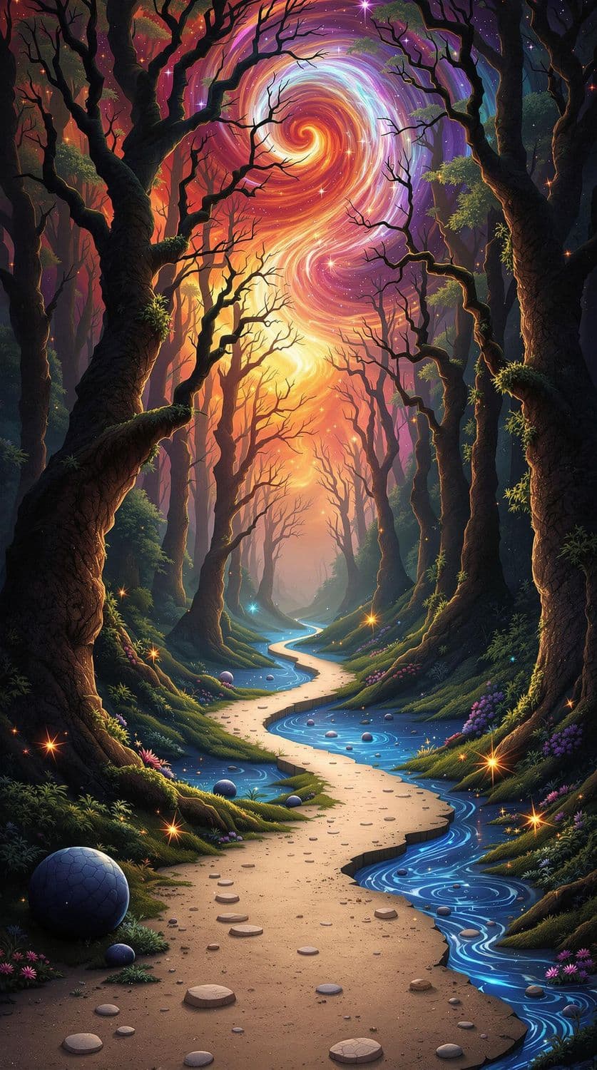 Bioluminescent Forest and Cosmic Nebula