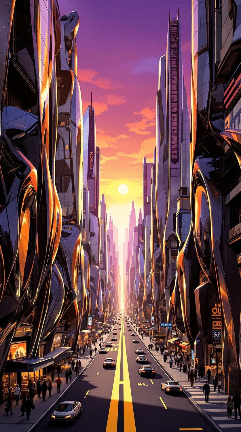 Futuristic Market Street at Sunset