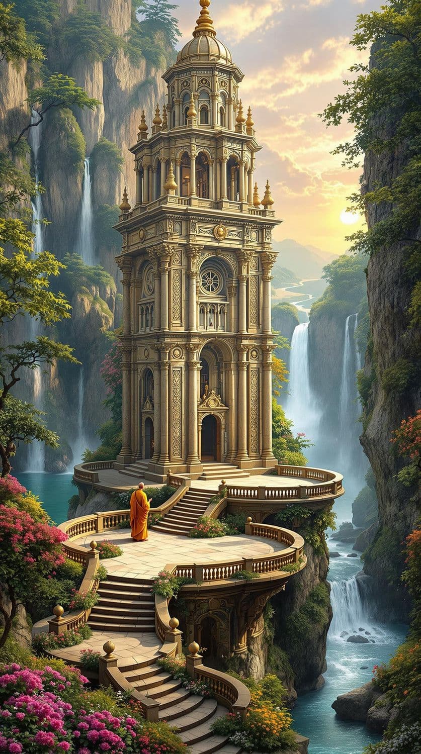 Ancient Temple by the Waterfall