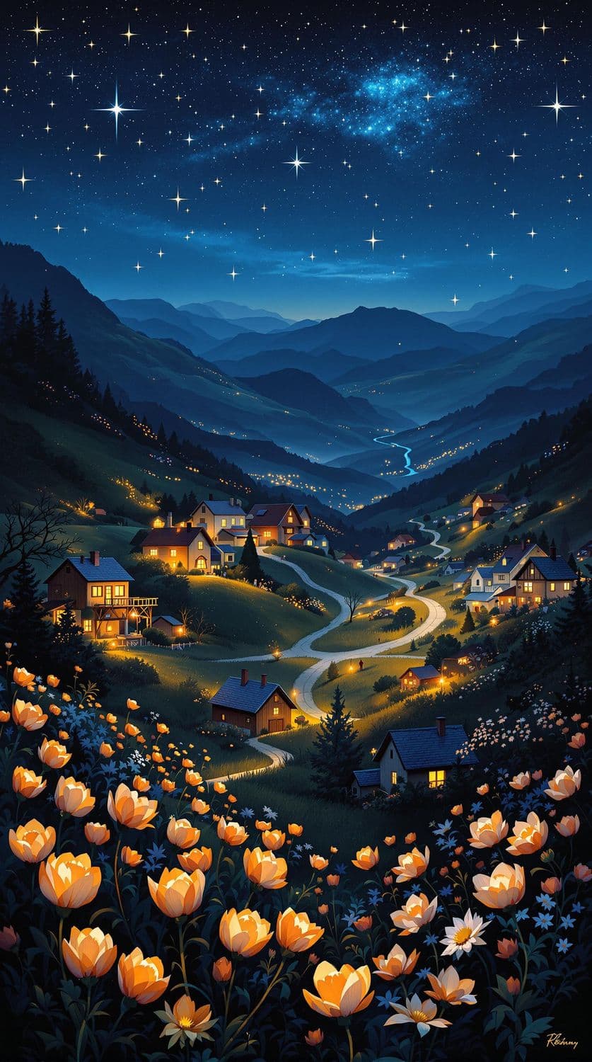 Starlit Village Tranquility