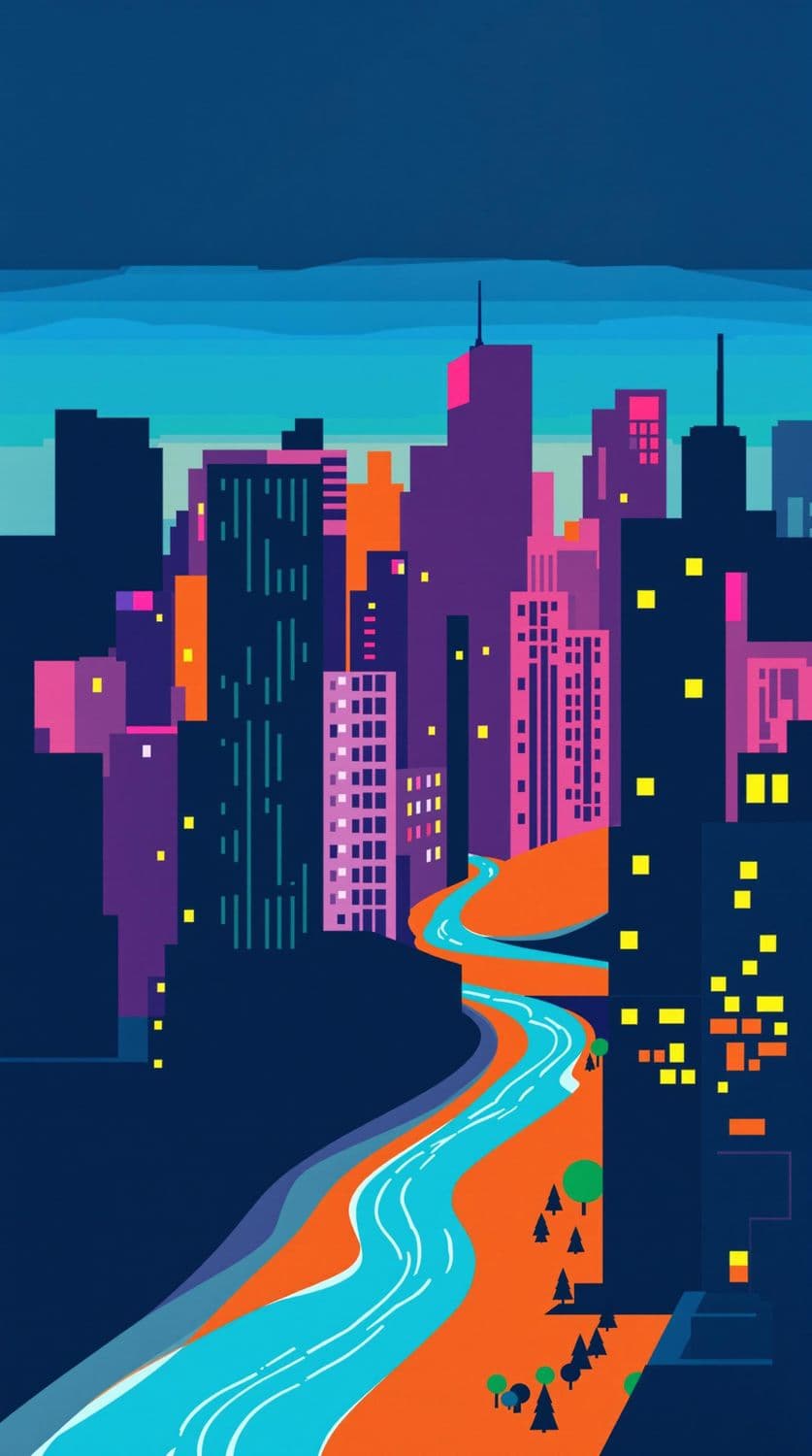 Geometric Cityscape at Dusk