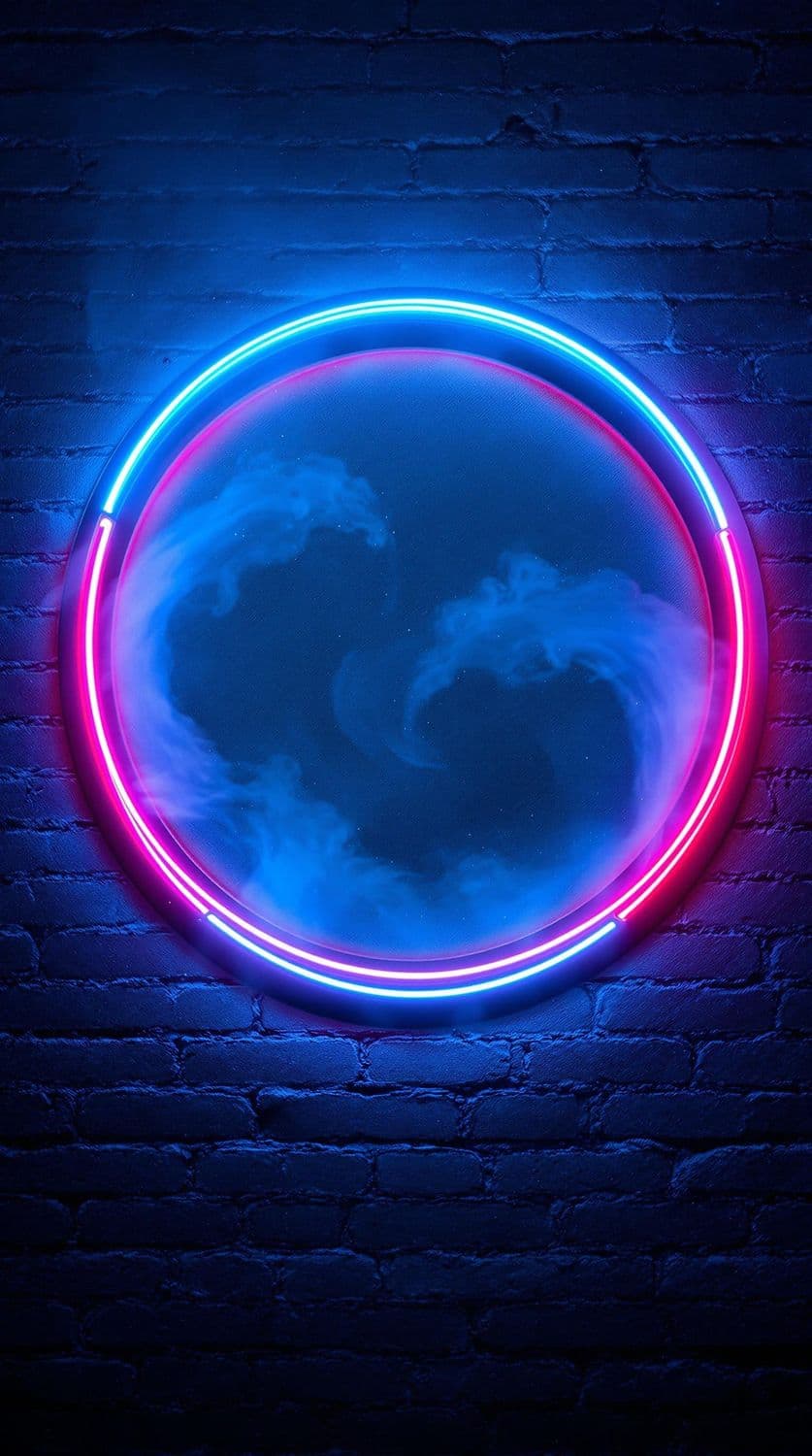 Neon Blue Circle Against Brick