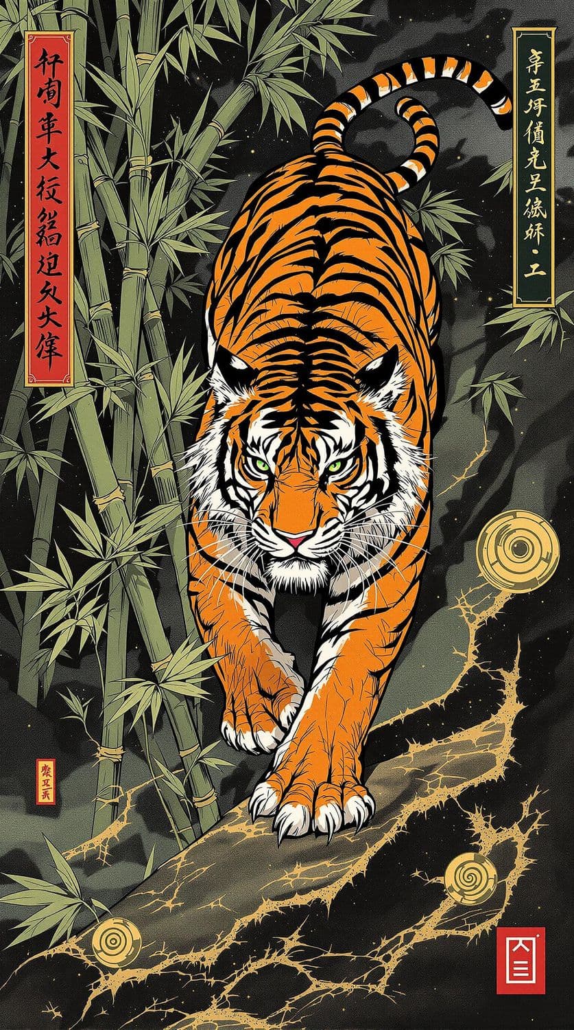 Mystical Tiger in the Bamboo Forest