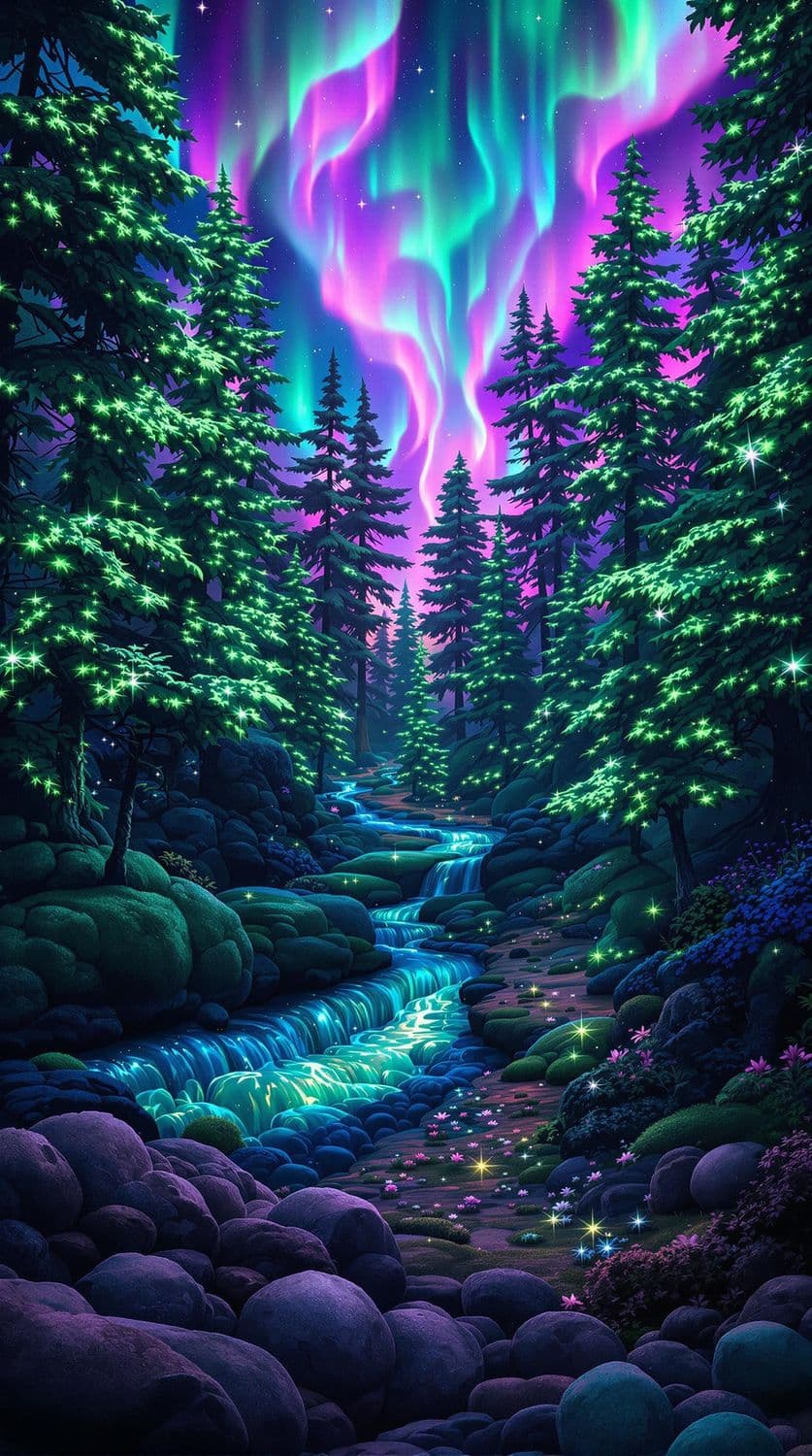 Ethereal Forest Under Northern Lights
