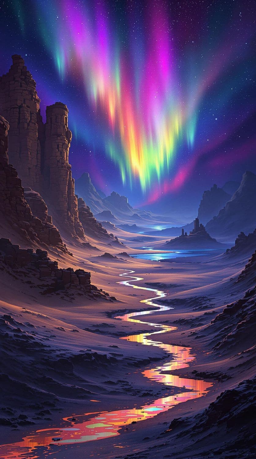 Desert Aurora and Ancient Ruins