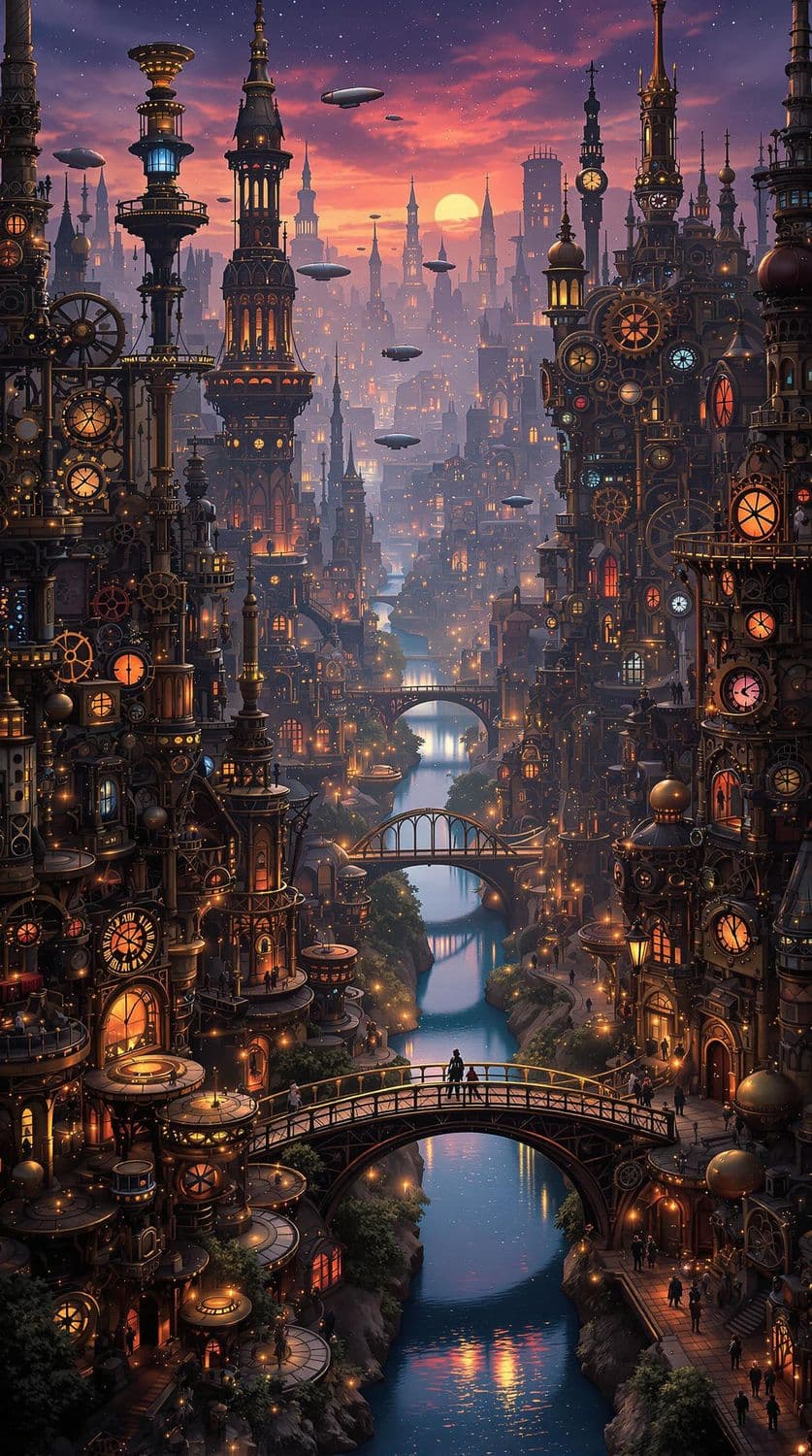 Steampunk Metropolis at Dusk