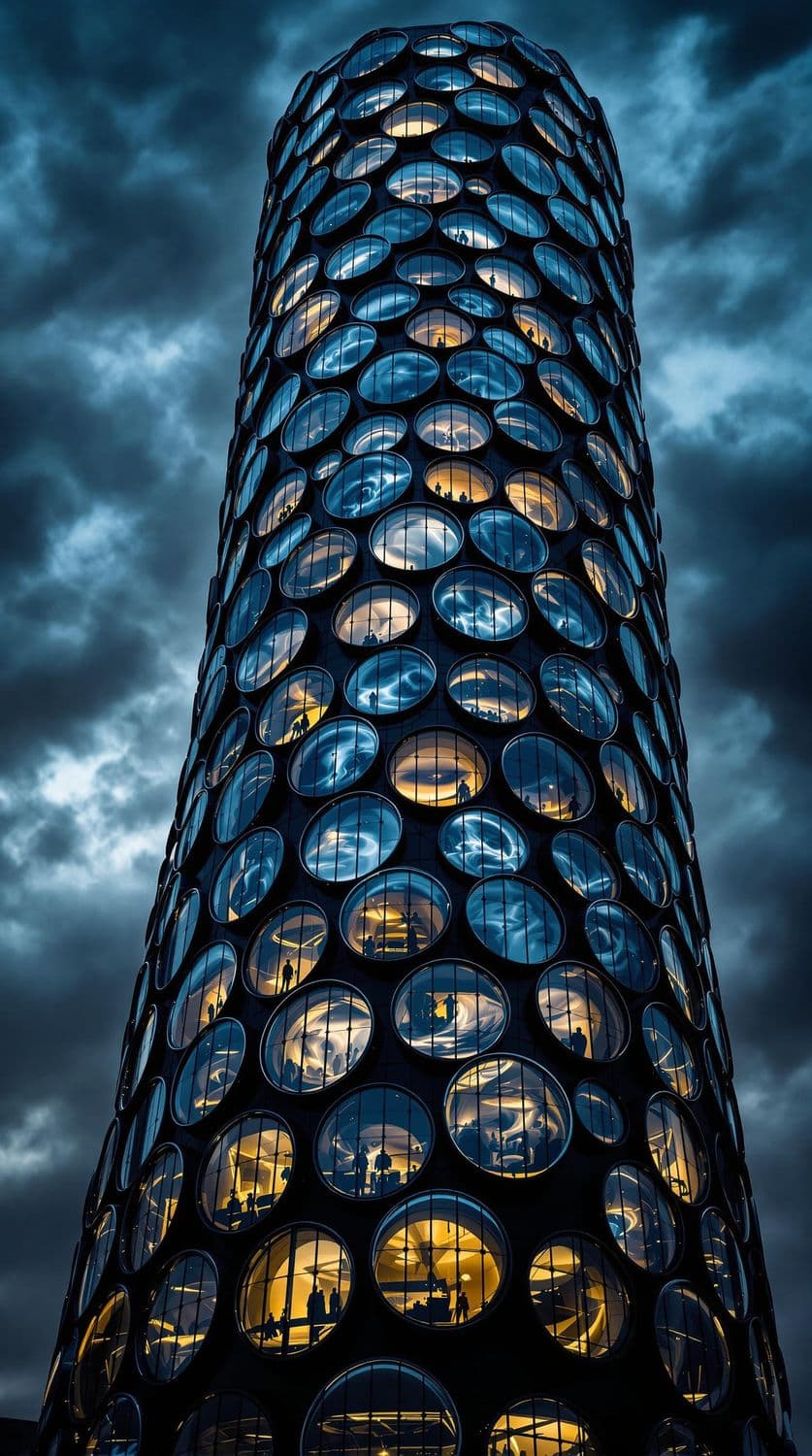 Futuristic Circular Skyscraper in Storm