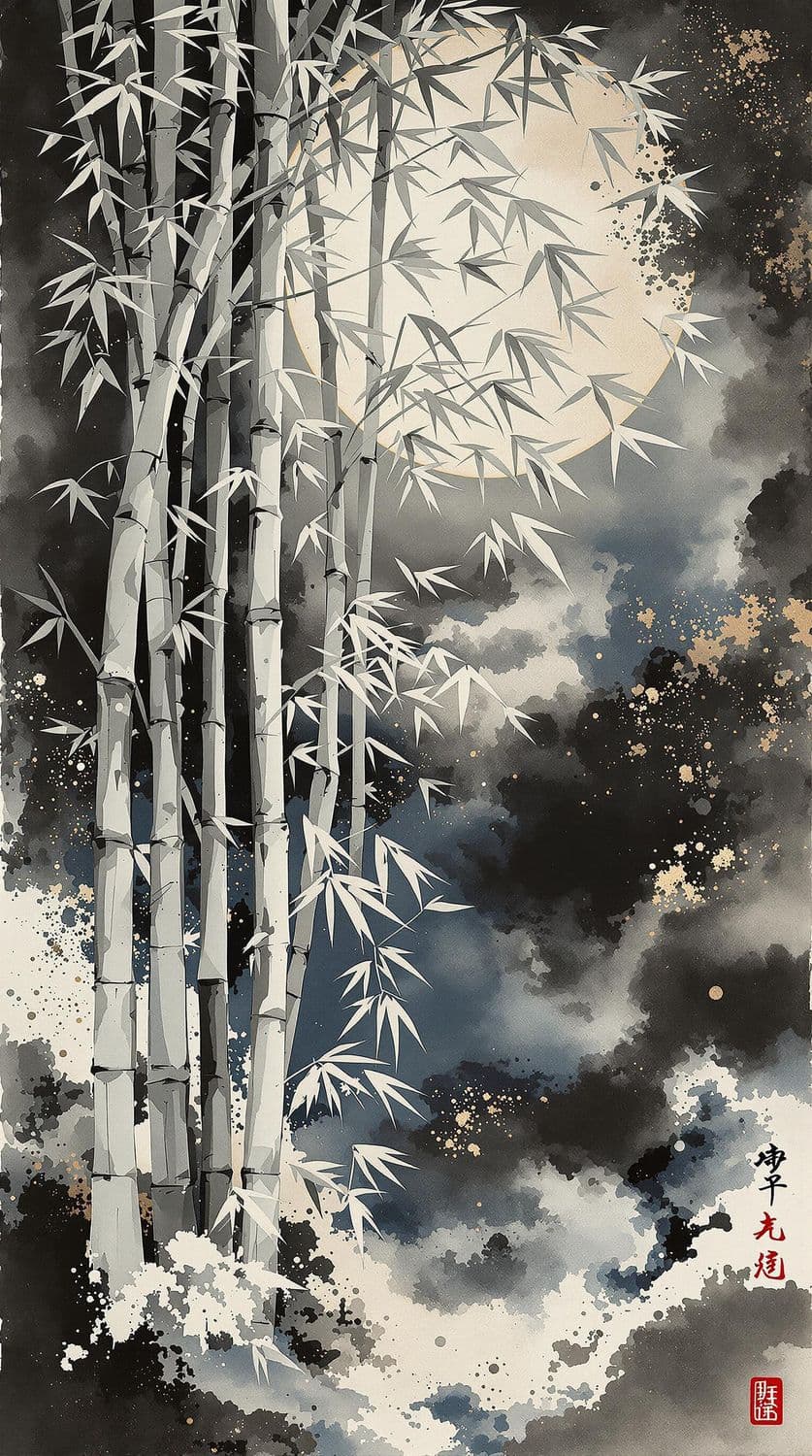 Bamboo Forest in Moonlit Ink Wash