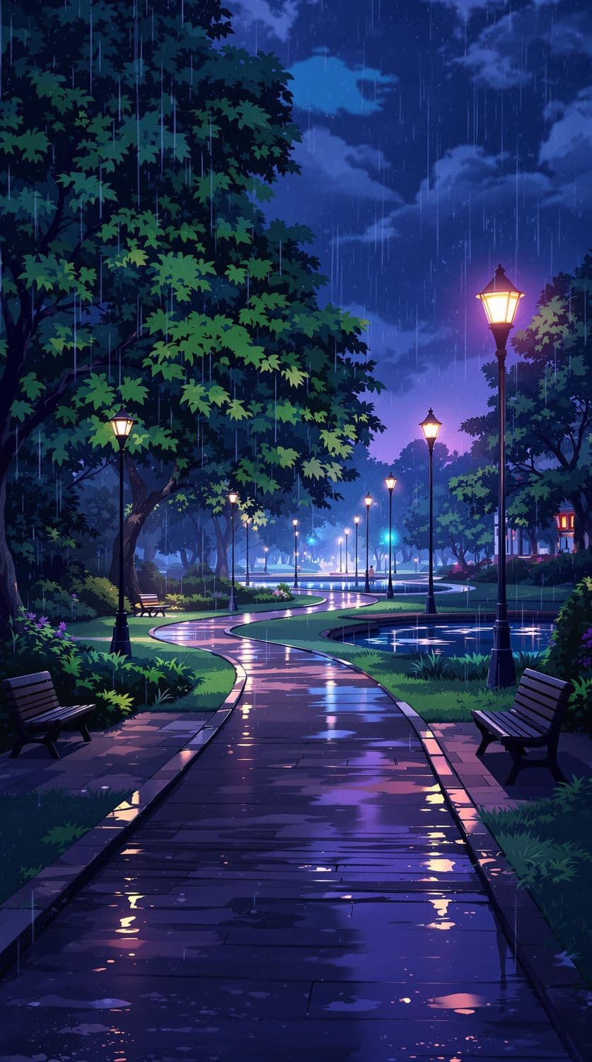 Tranquil Rainy Park at Twilight