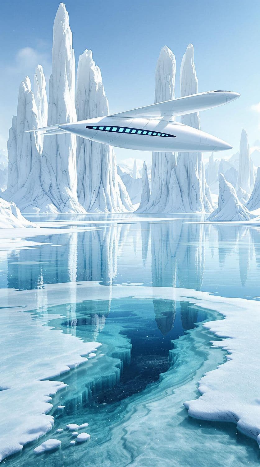 Futuristic Aircraft Over Glacial Environment
