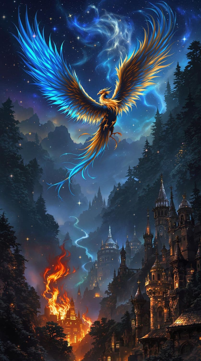 Mystical Phoenix Over Enchanted Forest