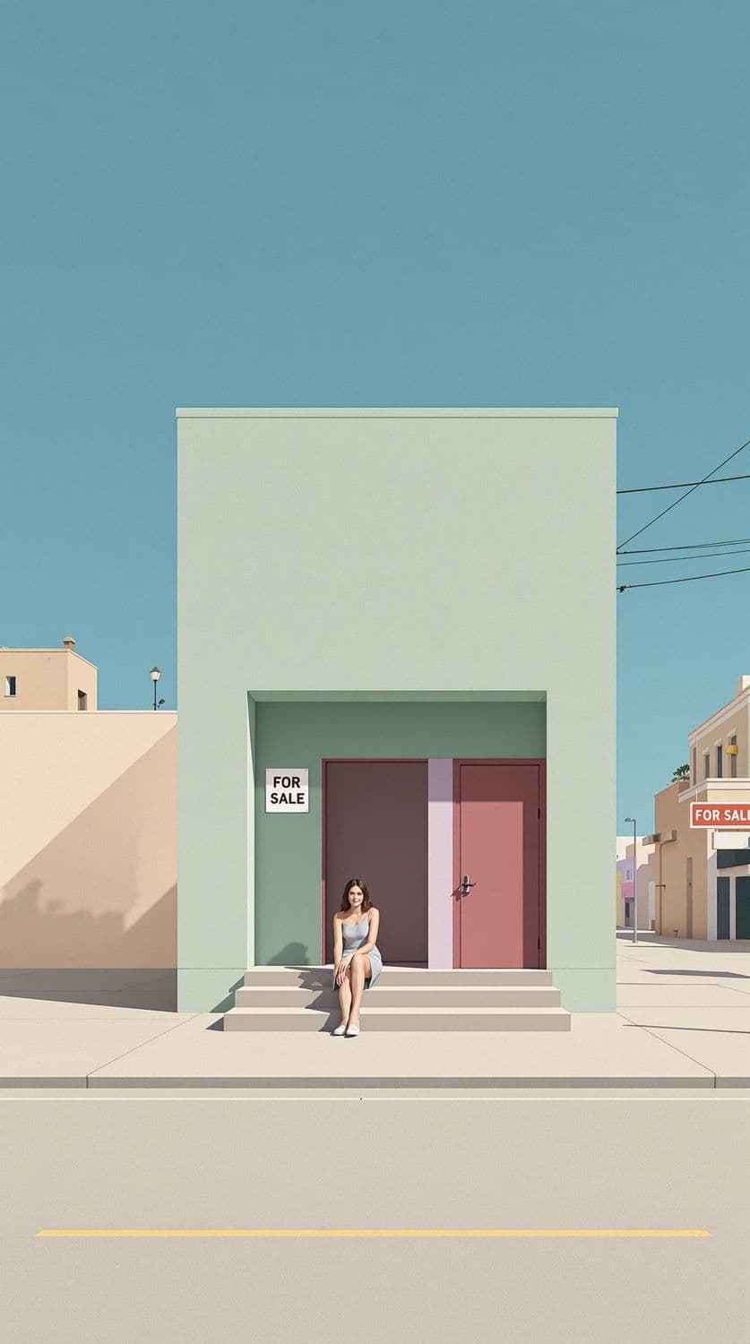 Woman on Steps of Geometric Building