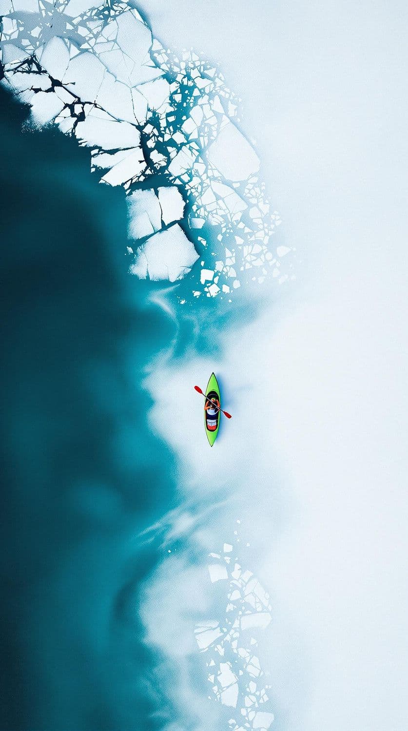 Canoeist in Frozen River