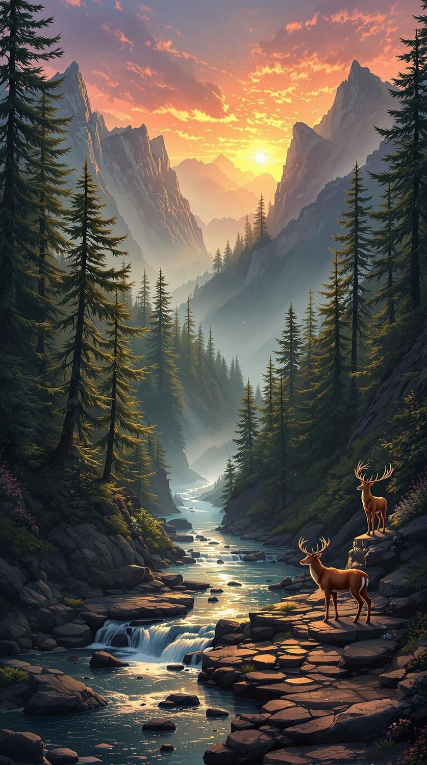 Enchanted Mountain Valley at Sunset