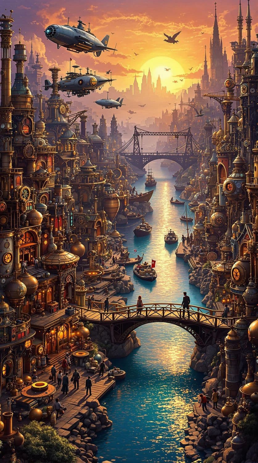 Steampunk Harbor at Sunset