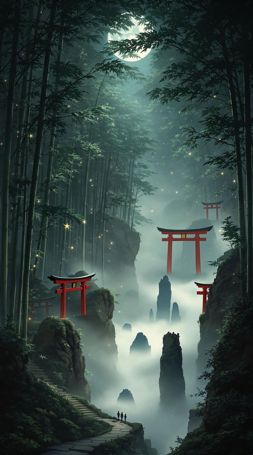 Moonlit Bamboo Forest with Torii Gates