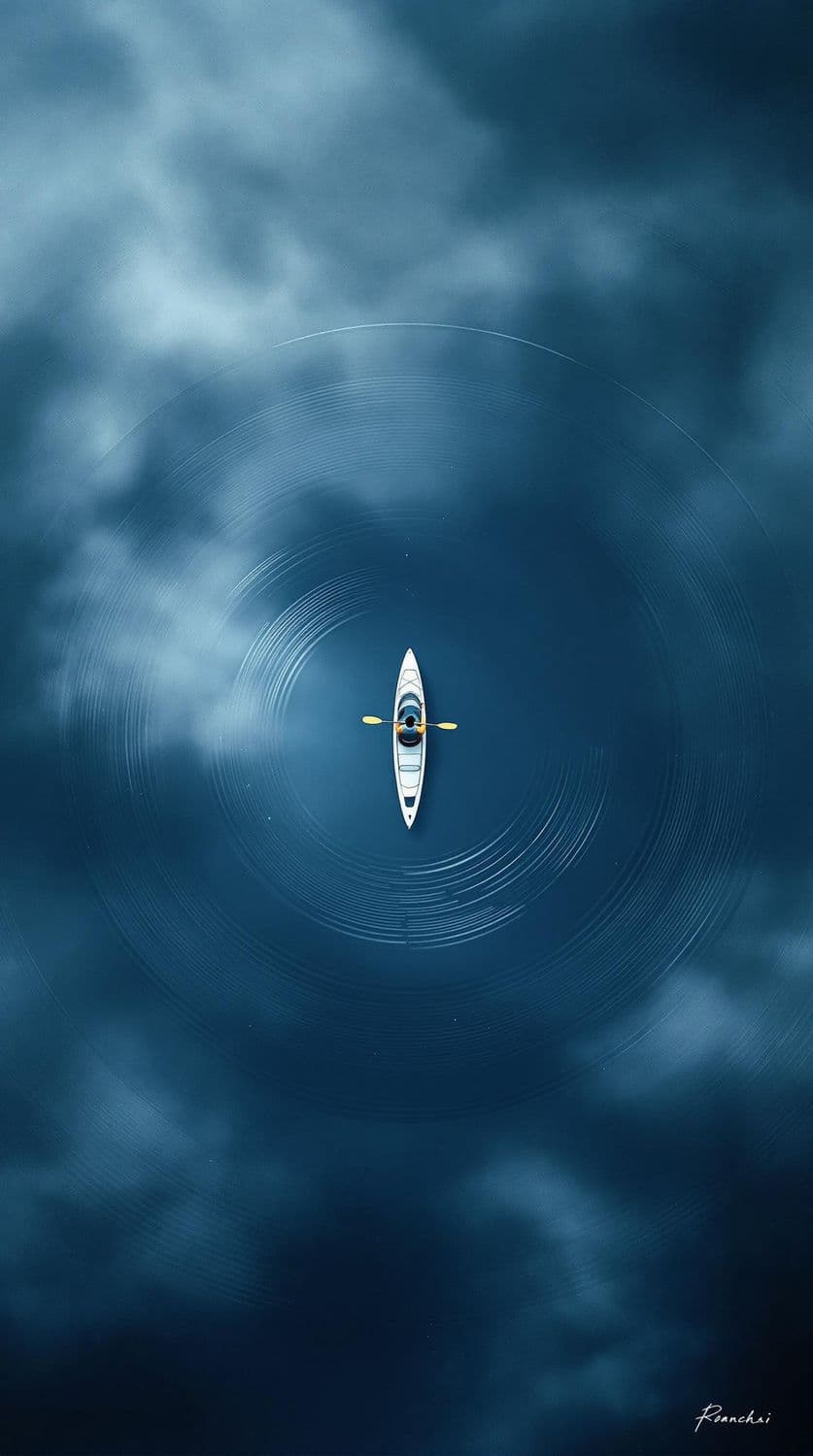 Kayaker in a Misty Lake