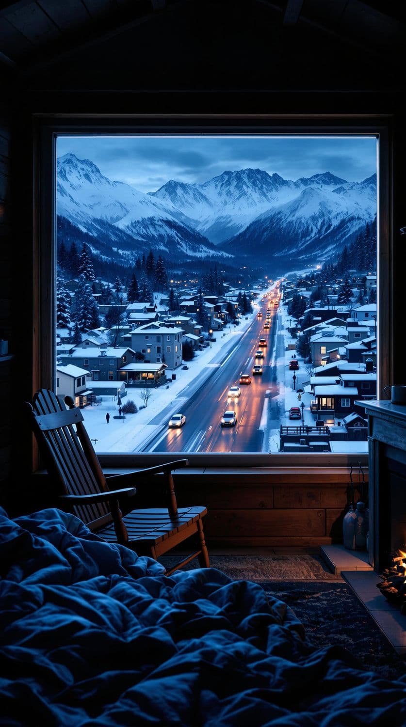 Snowy Mountain Town at Dusk from a Rustic Cabin