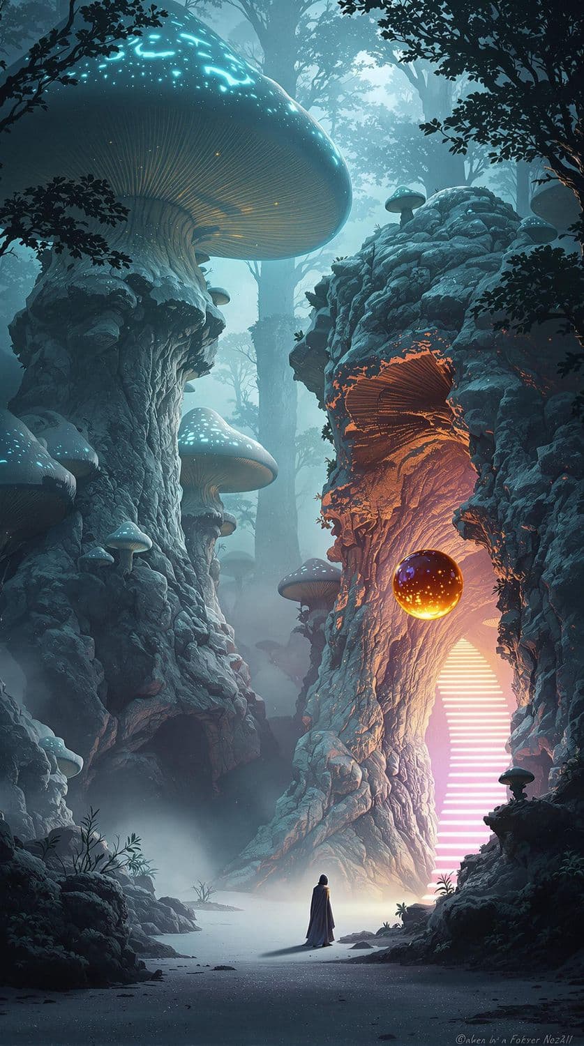 Luminous Forest of Giant Mushrooms