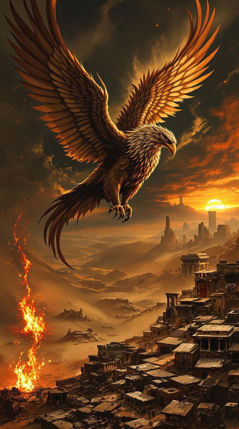 Griffin Over Desert Ruins