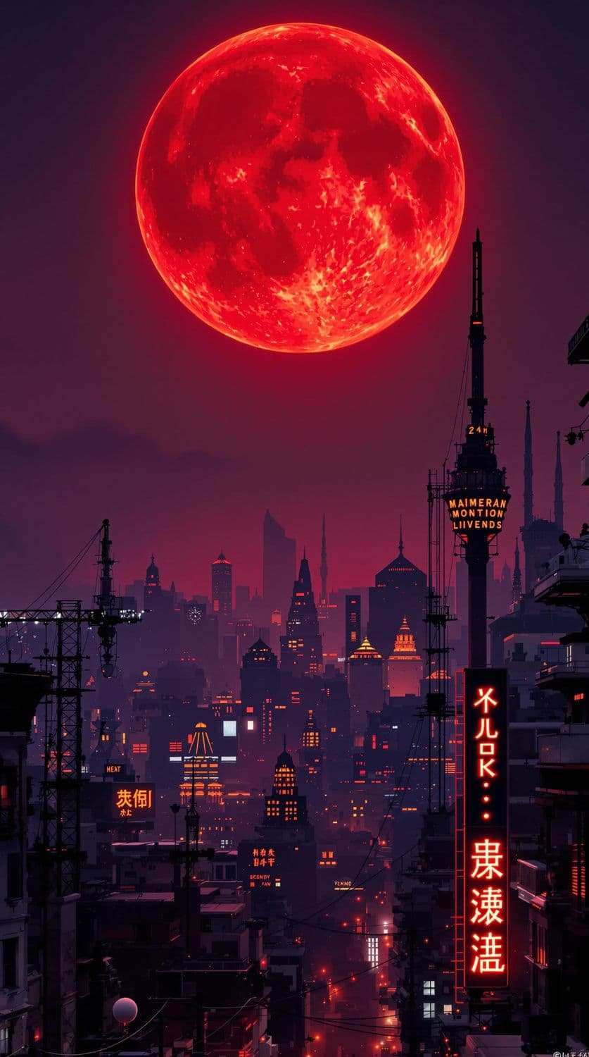 Twilight Skyline with Fiery Moon