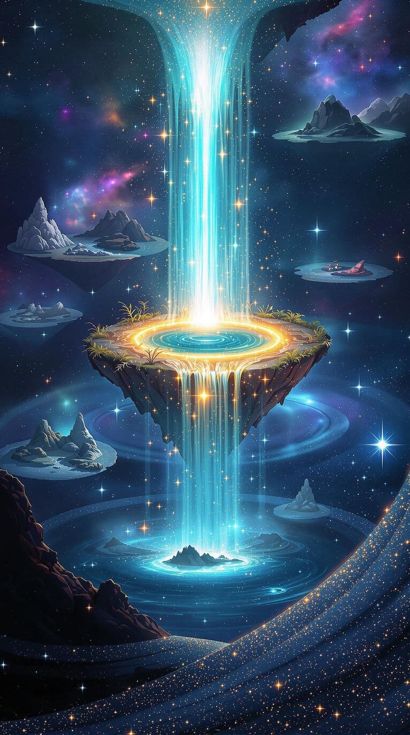 Cosmic Waterfall from Floating Island