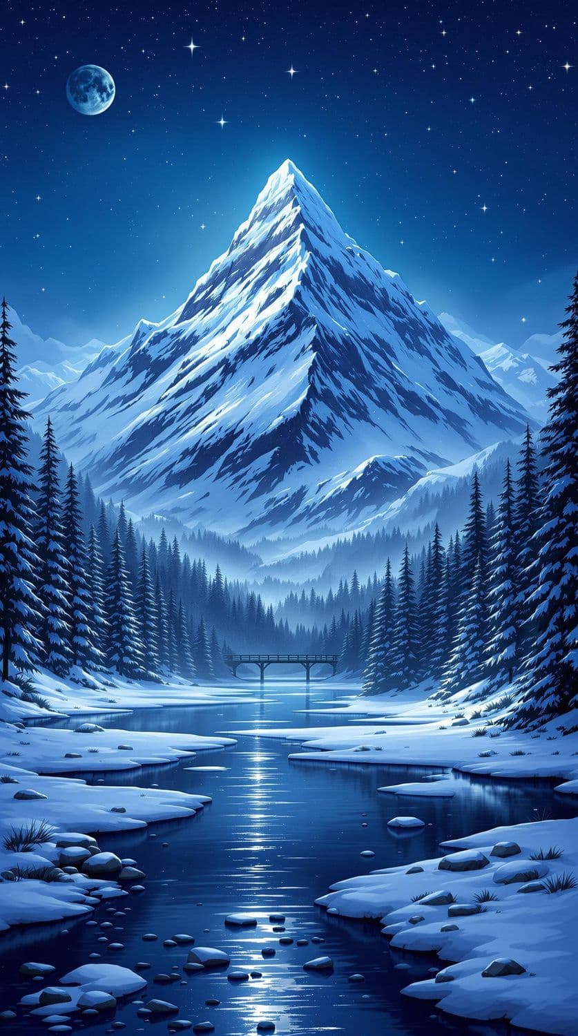 Snowy Mountain Under Moonlight