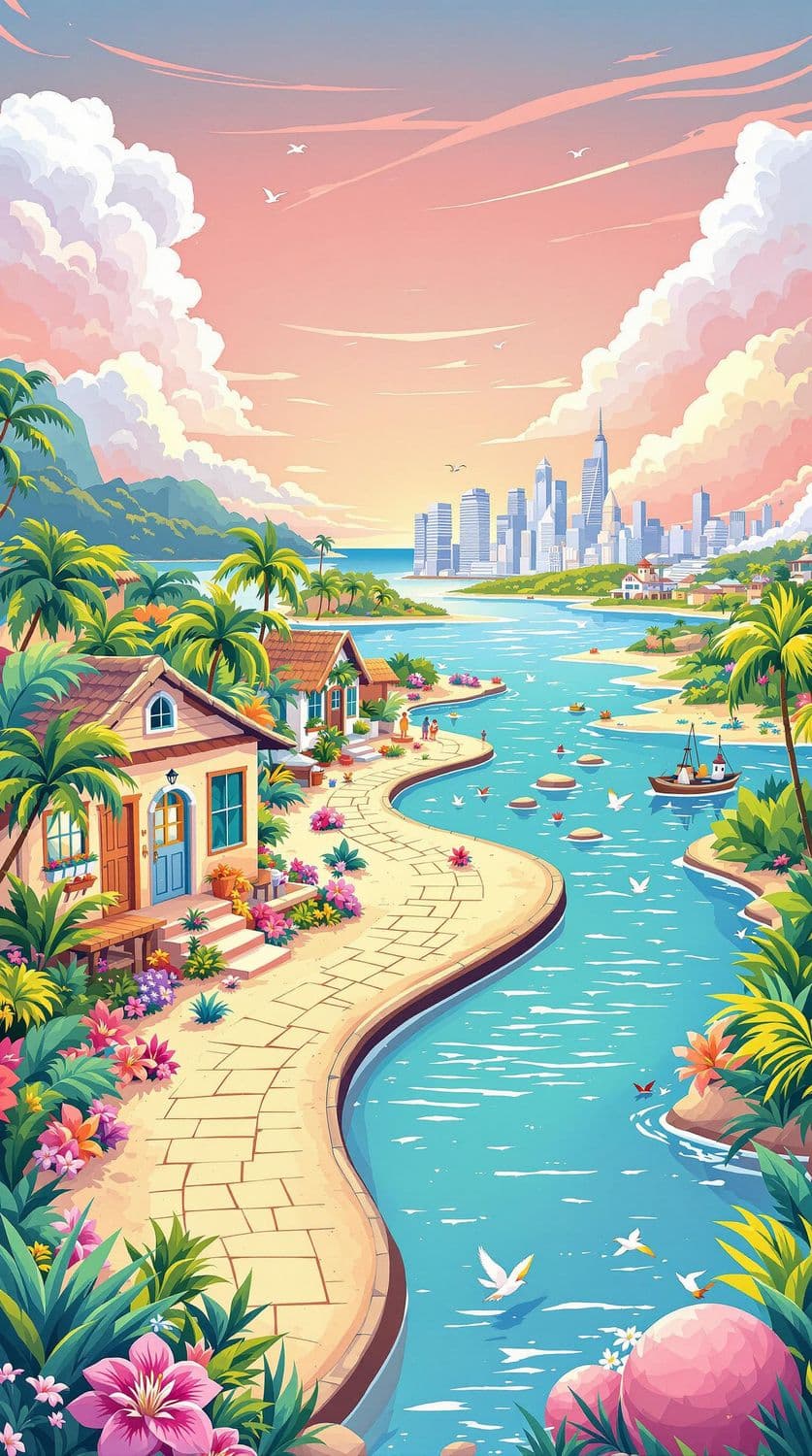 Idyllic Island Village and Skyline Contrast
