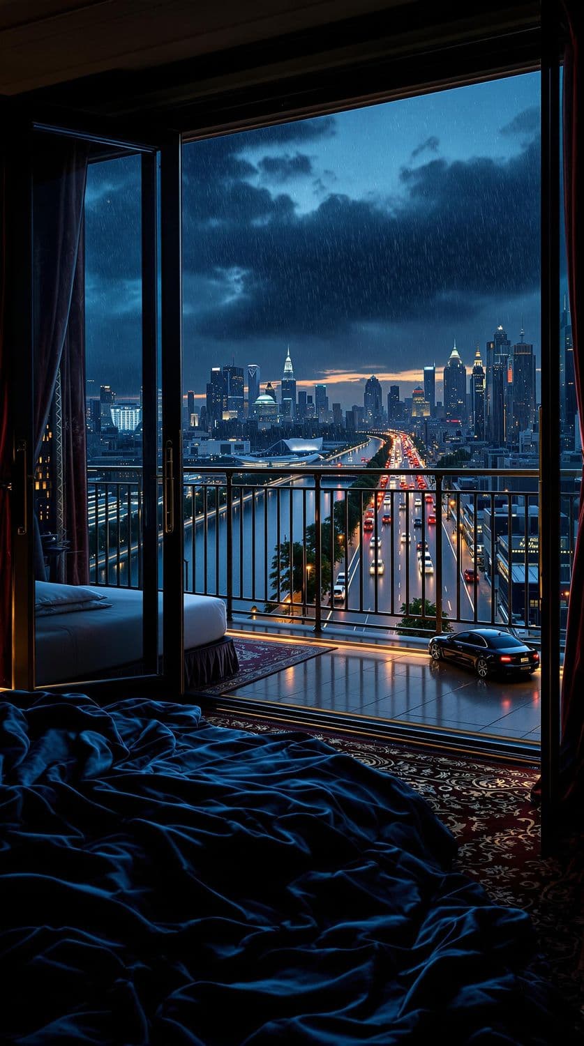 Luxurious Hotel Suite with Rainy Urban View