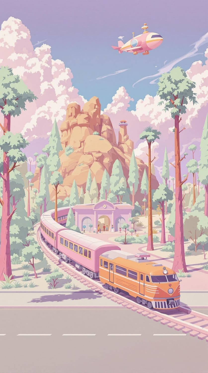 Pastel Train Through Feathered Woods