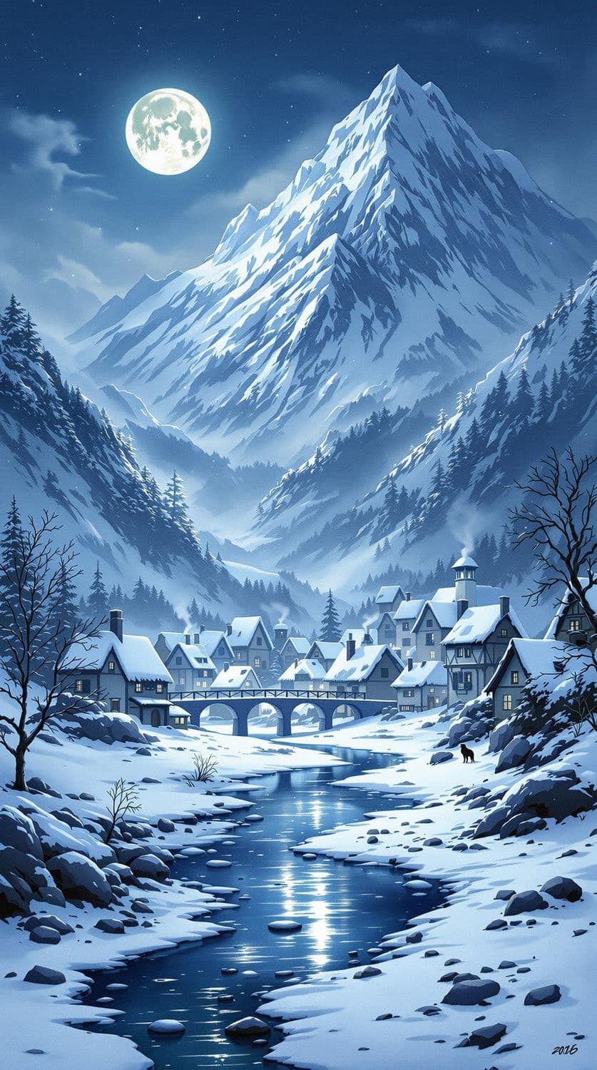 Snowy Village by Moonlight