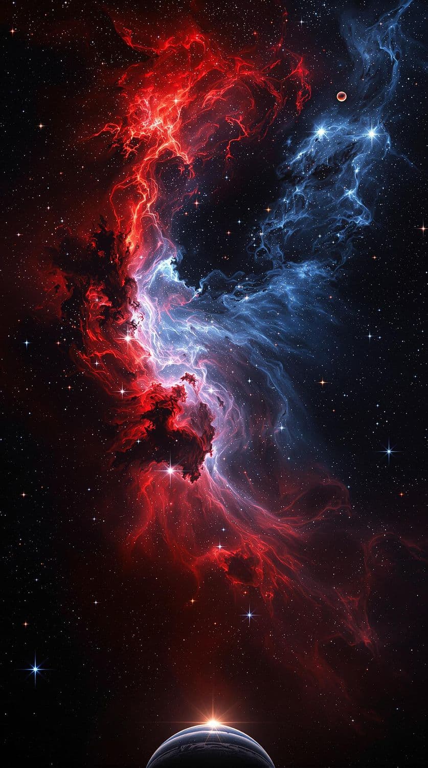 Fiery Red Nebula with Ringed Planet