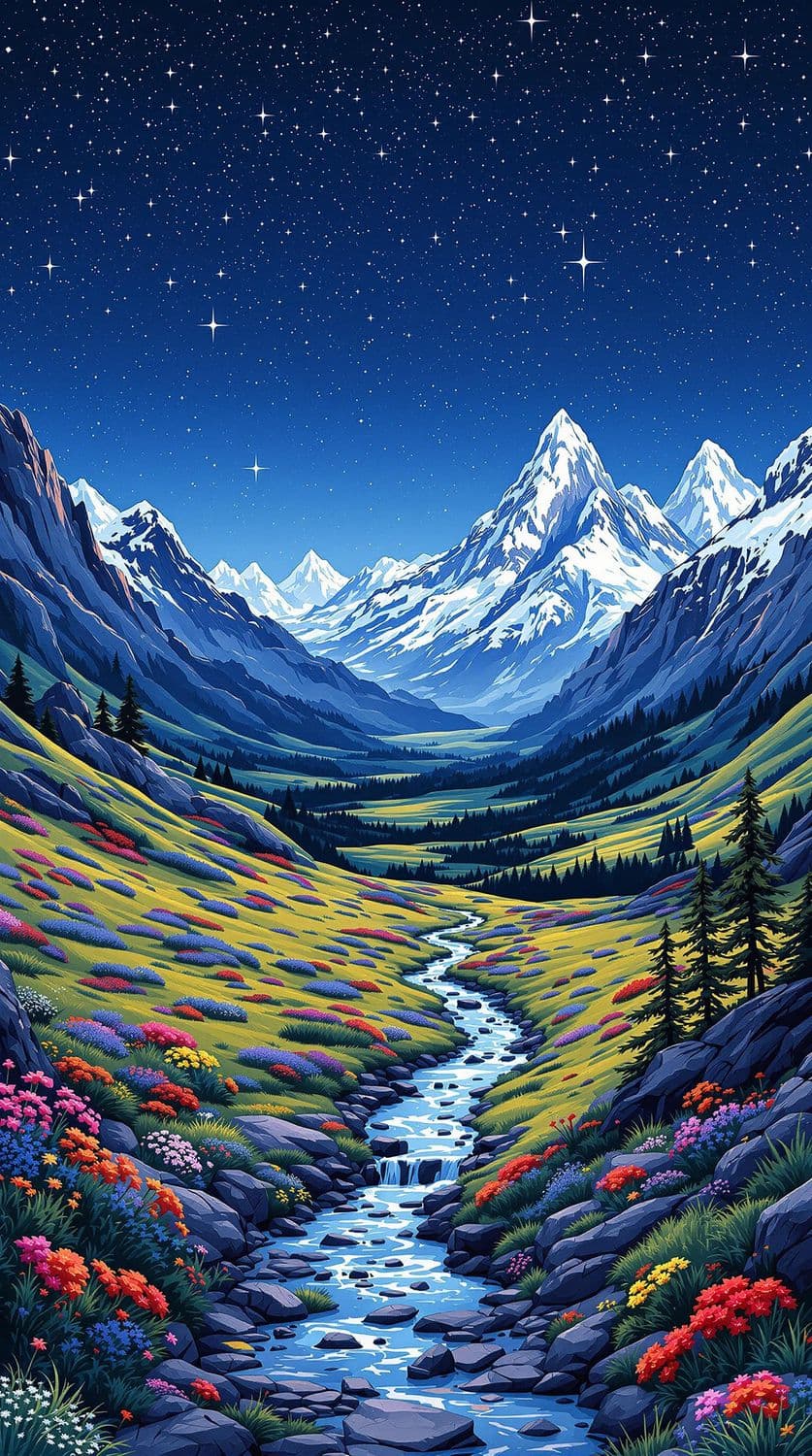 Evening Starry Sky Over Floral Hills